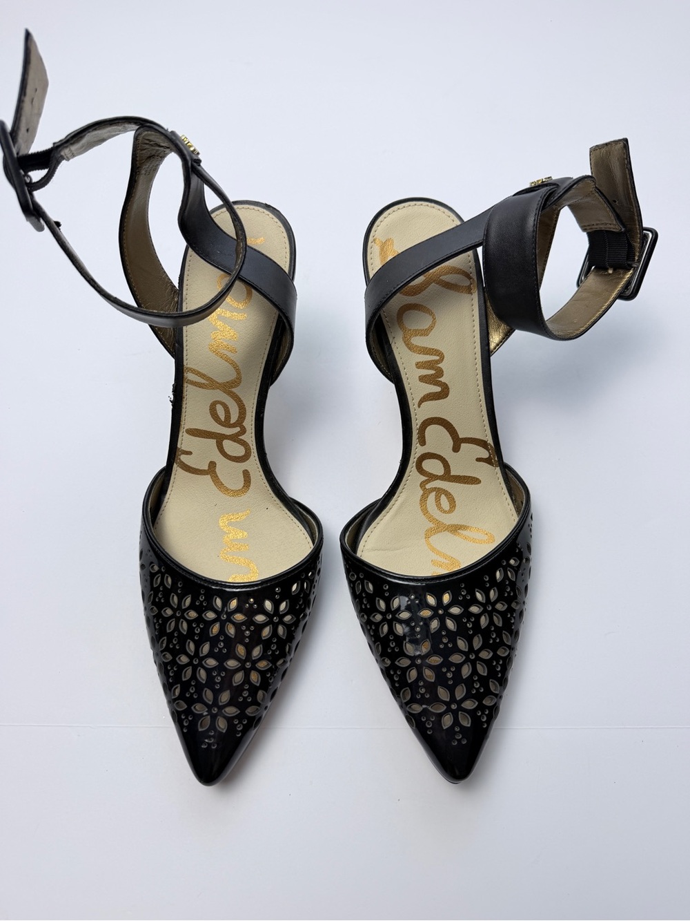 Sam Edelman Black Laser Cut D’Orsay Pumps Ankle Strap Heels Womens Size 8.5